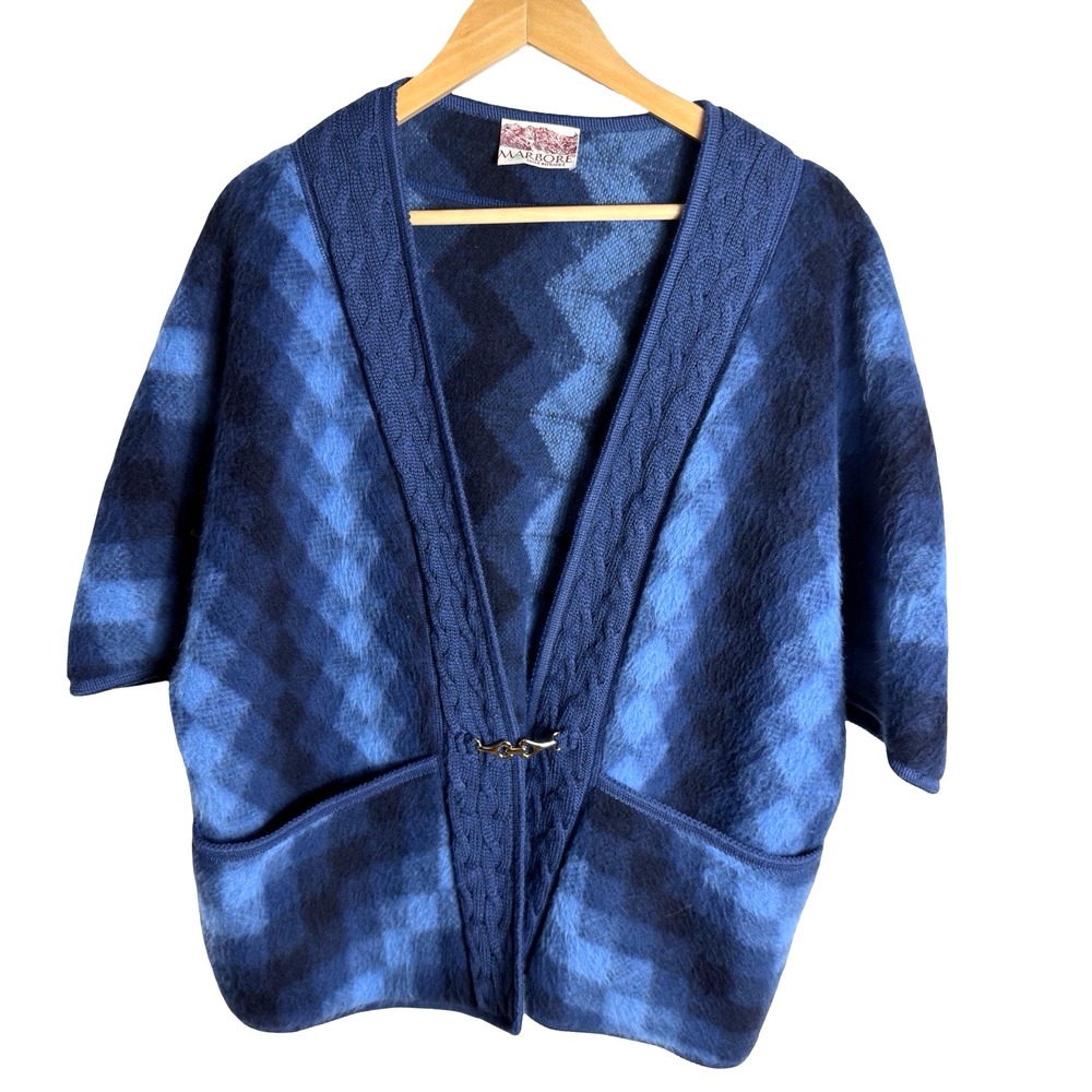 VTG Marbore Paris Wool Blend Cape Jacket Blue Plaid Knit Trim Lg / EU 44 France